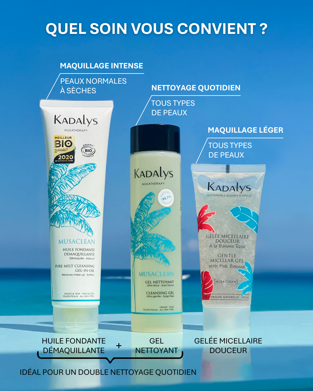Musaclean pour le maquillage intense, gel nettoyant pour tous les jours, gelée micellaire pour les peaux sensibles. Choisissez votre routine.