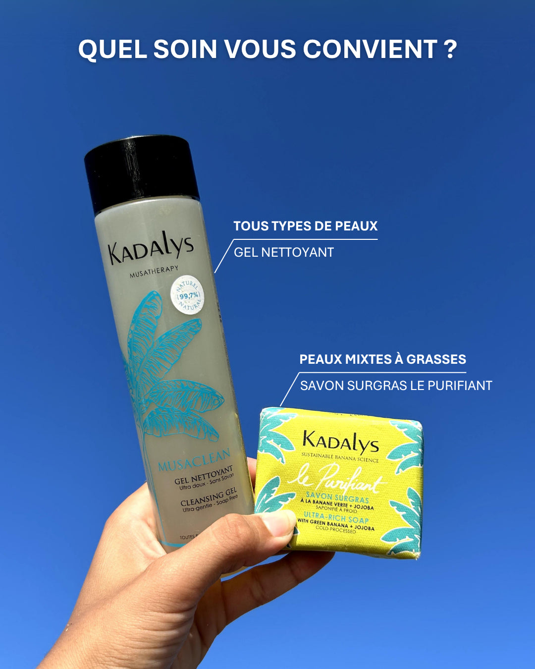 Choisissez entre le gel nettoyant Musaclean pour tous types de peau ou le savon surgras Le Purifiant, idéal pour les peaux mixtes à grasses. Faites le bon choix.