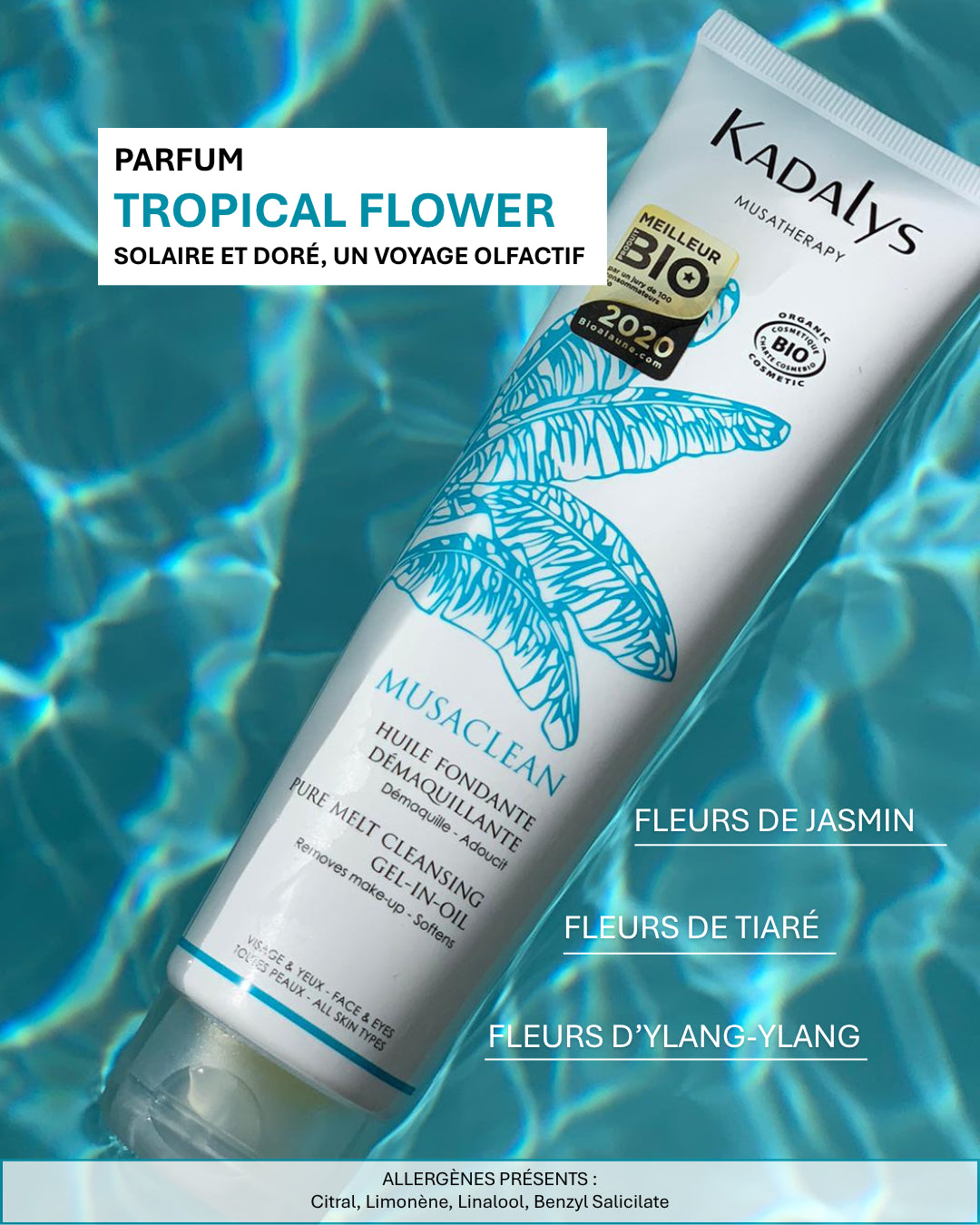 Un parfum ensoleillé mêlant fleurs de jasmin, tiaré et ylang-ylang. Une expérience sensorielle unique à chaque utilisation du soin.