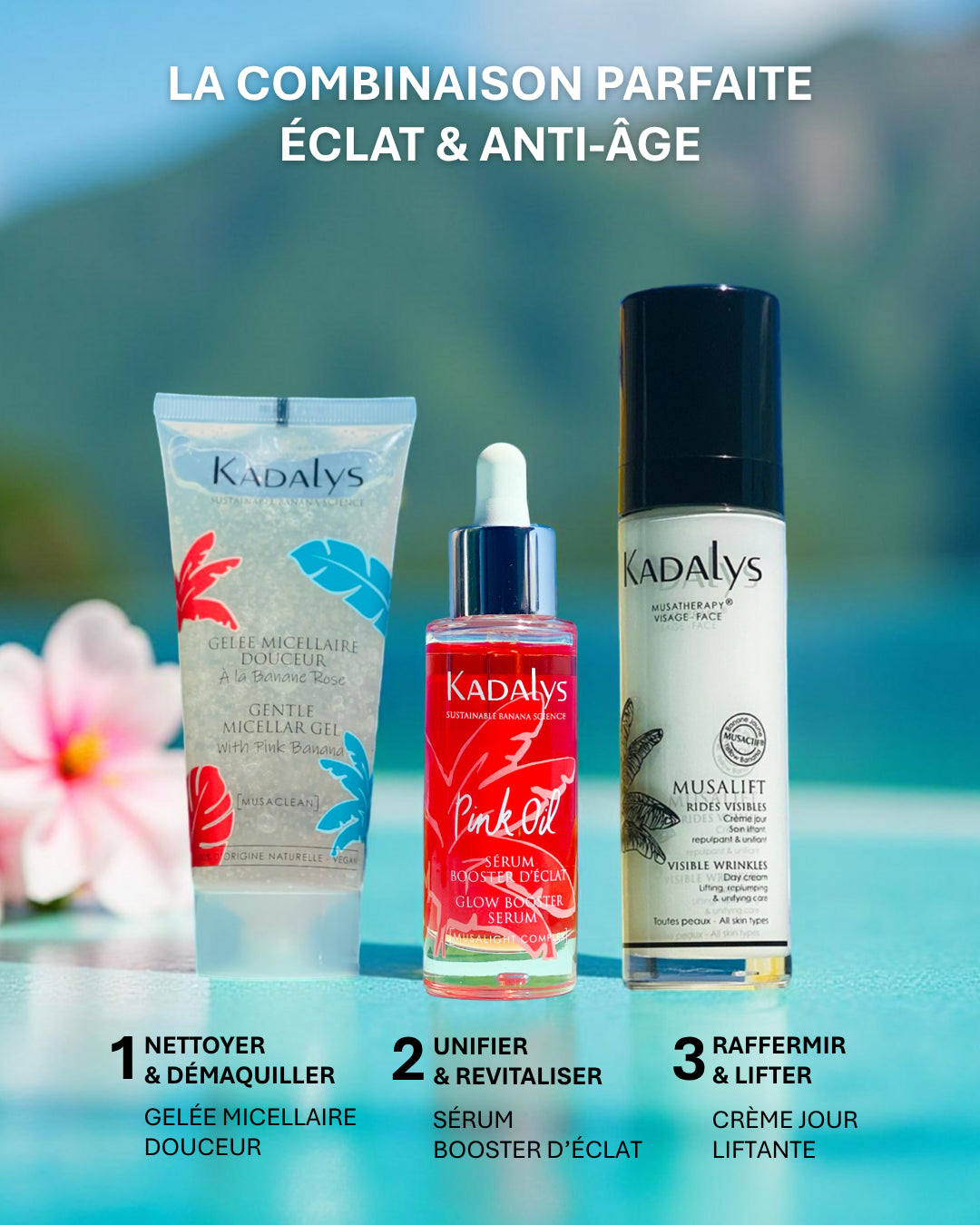 Routine beauté combinant la Gelée micellaire douceur, le Sérum booster d’éclat Pink Oil et la Crème jour liftante, idéale pour revitaliser et illuminer la peau.