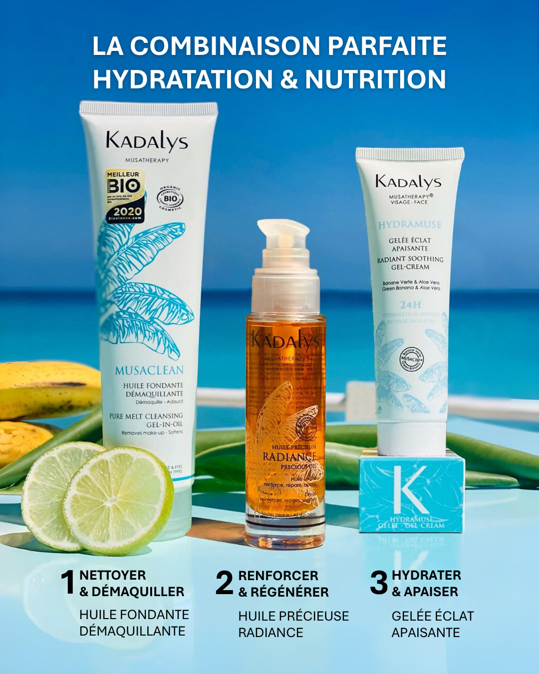 Associez Musaclean à l’huile Radiance et la gelée Hydramuse pour une routine complète. Nettoie, régénère et hydrate durablement la peau.