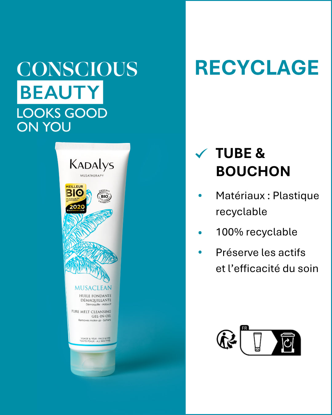 Le tube de l’huile Musaclean est 100 % recyclable. Une formule clean dans un emballage pensé pour préserver les actifs et l’environnement.