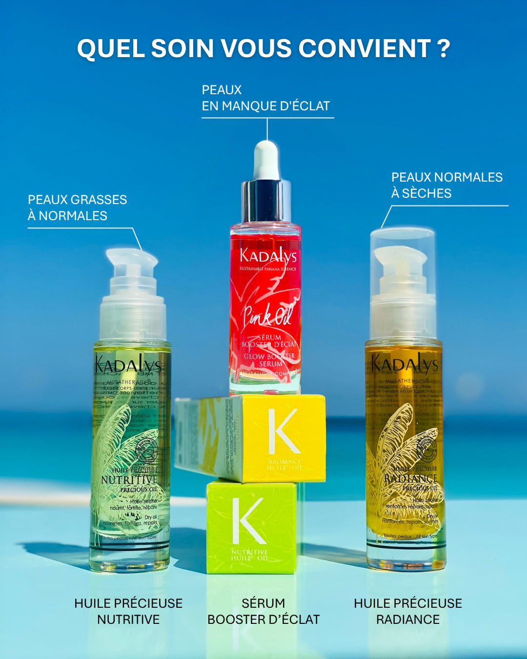 Découvrez quel soin Kadalys convient à votre type de peau : Huile précieuse nutritive idéale pour peaux grasses à normales.