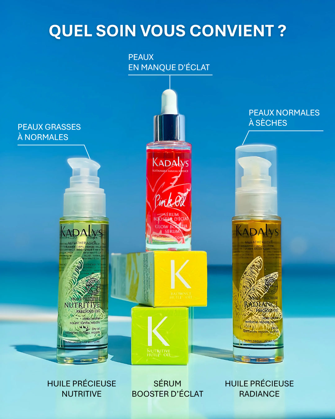 Comparatif des soins Kadalys : sérum Pink Oil pour peaux ternes entouré des huiles précieuses nutritive et radiance, avec ciel bleu en arrière-plan