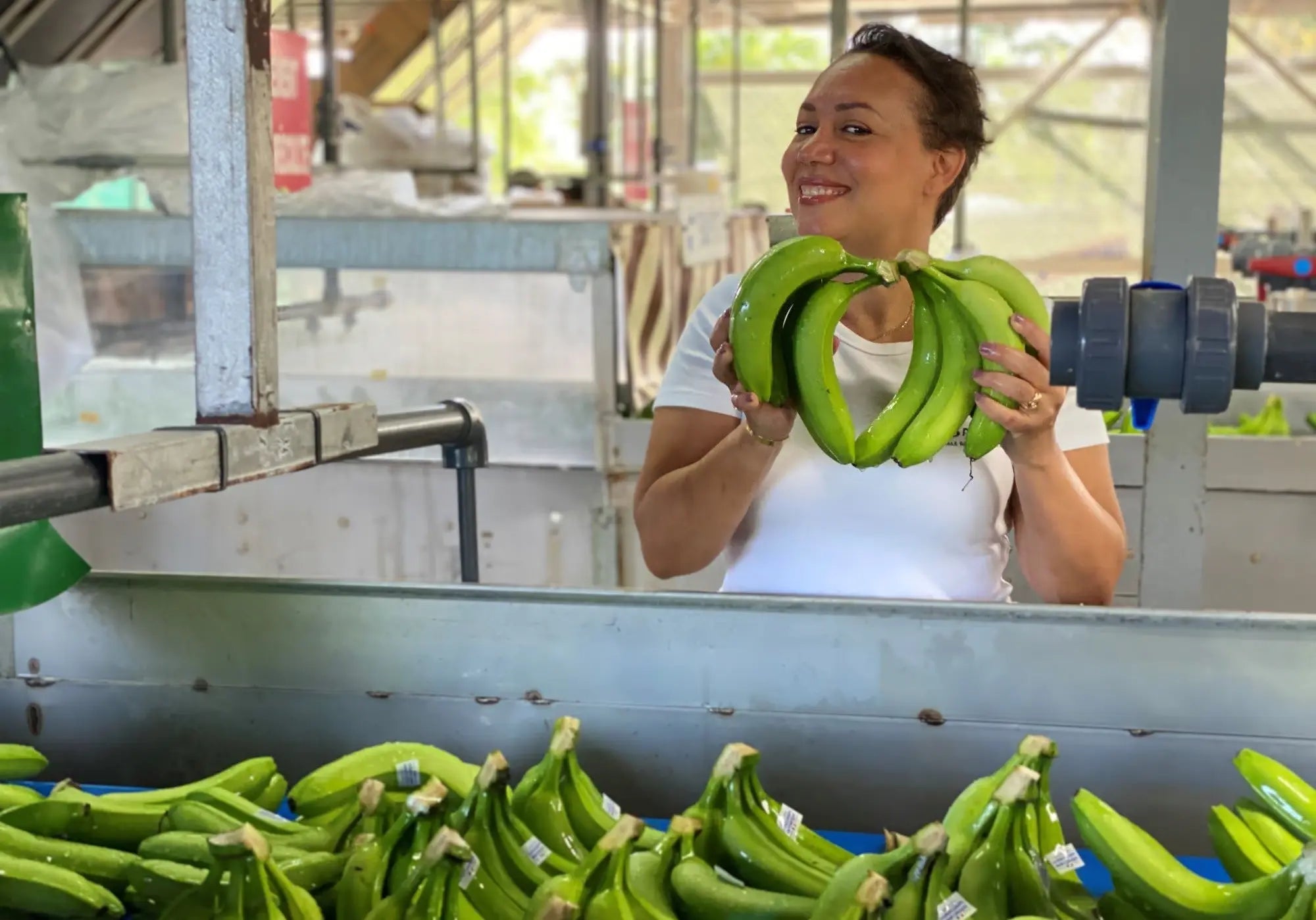 Shirley Billot dans une station de lavage de bananes vertes – matière première des soins Kadalys