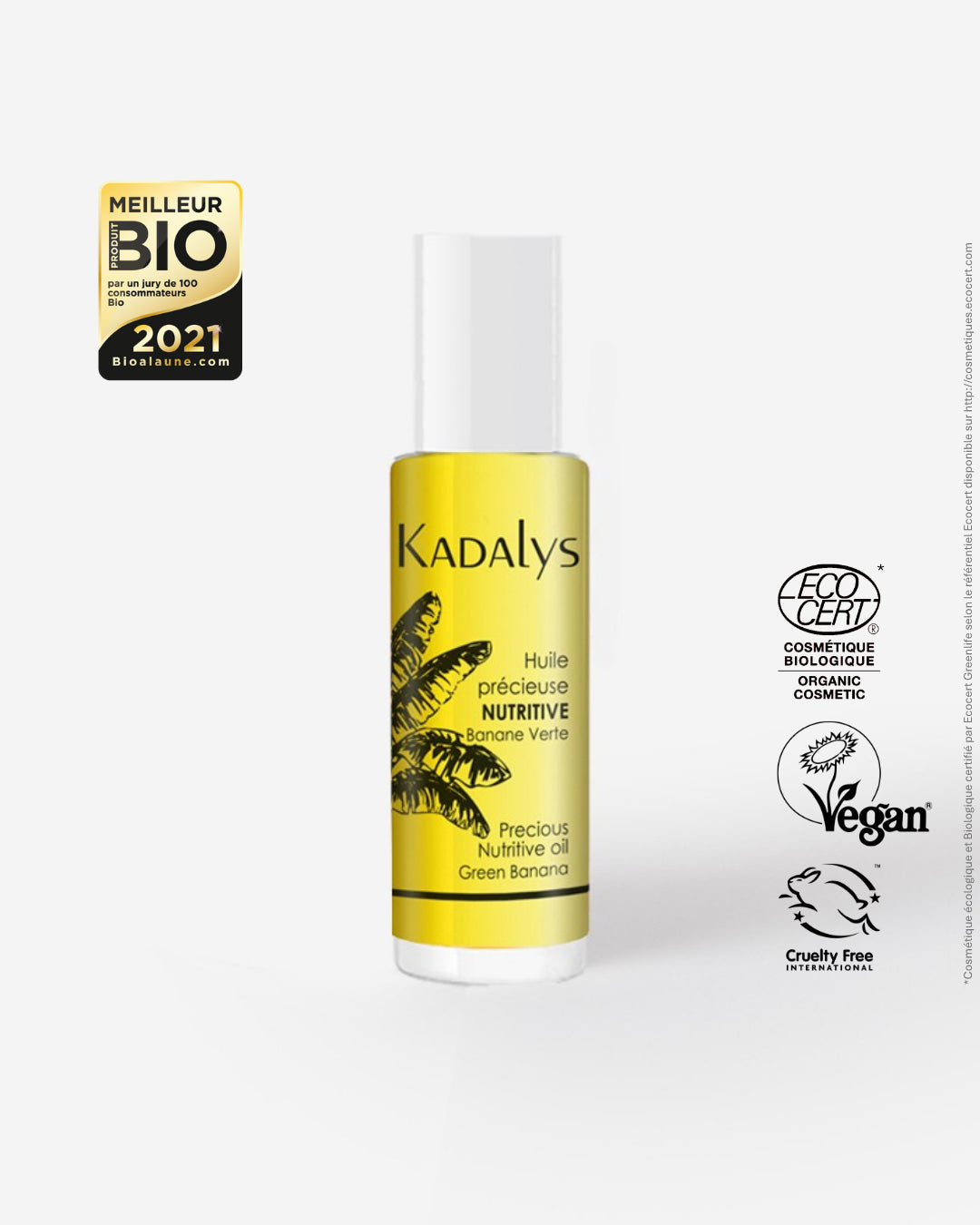 Huile précieuse nutritive format voyage Kadalys certifiée bio et vegan, pratique pour une hydratation et protection en déplacement.