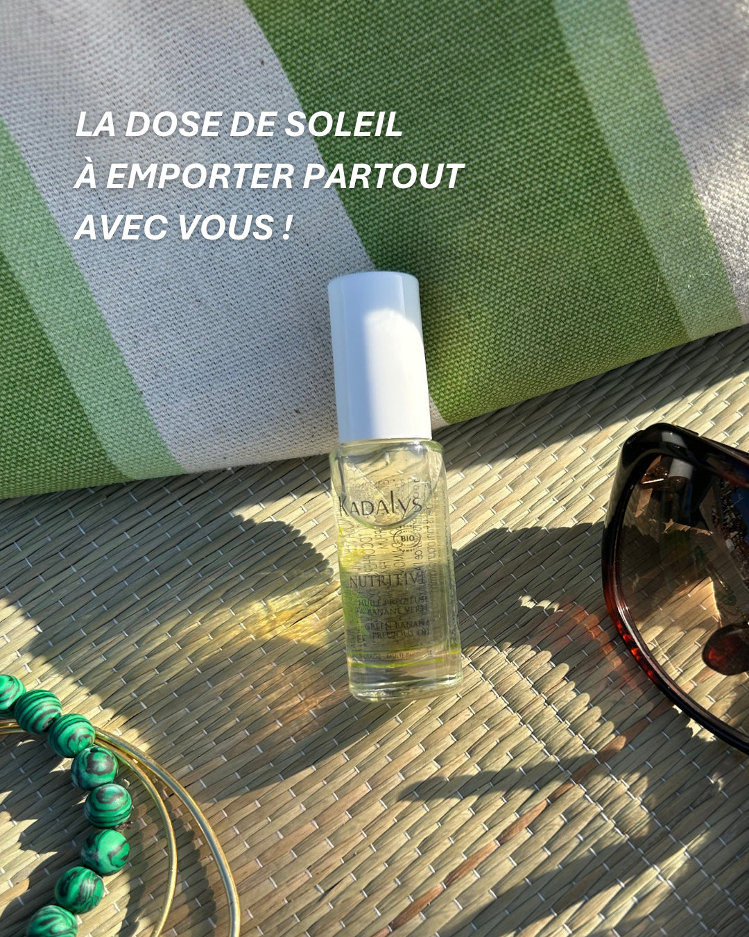 Huile précieuse nutritive Kadalys en format voyage, soin indispensable pour nourrir et protéger la peau en été où que vous soyez.