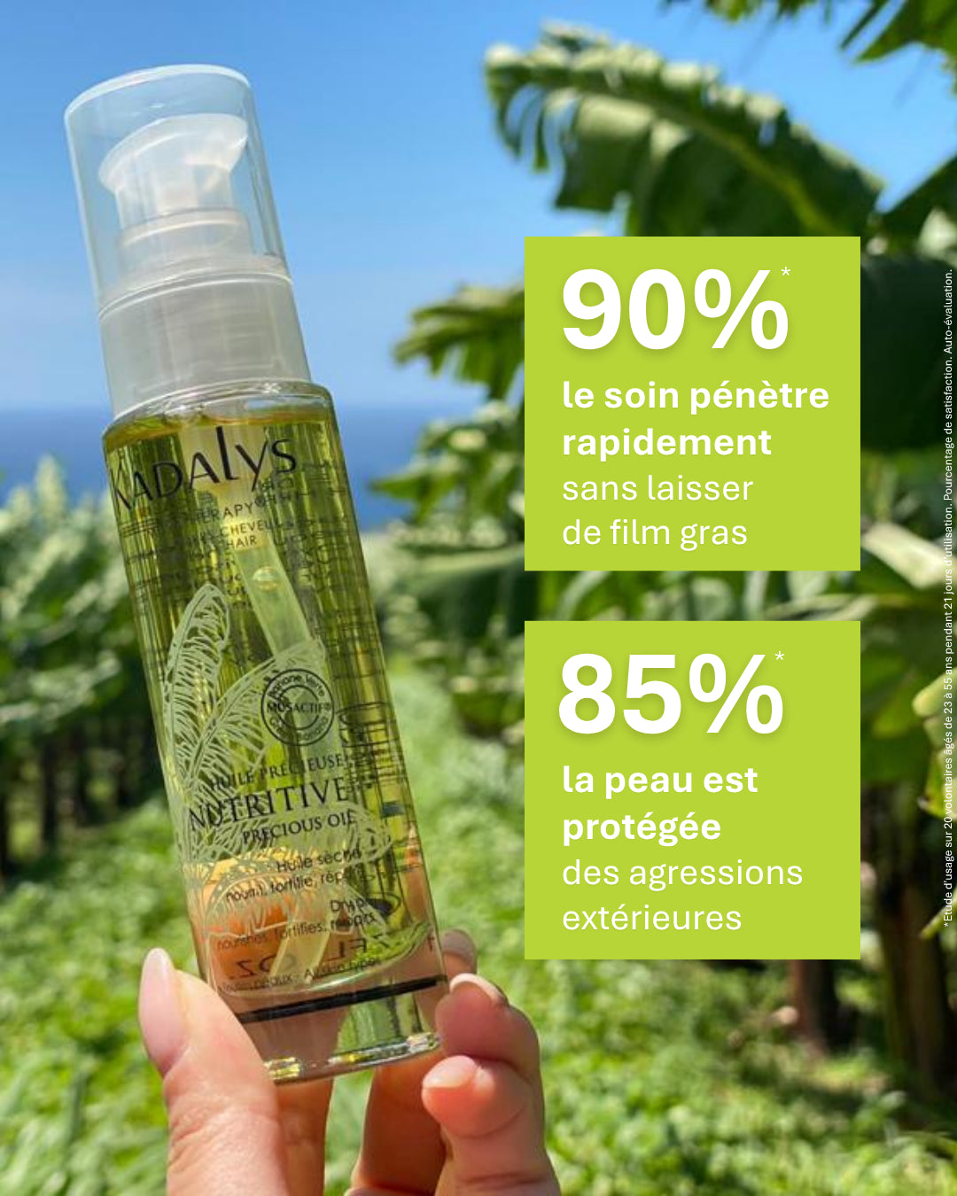 Huile précieuse nutritive Kadalys rapidement absorbée sans effet gras, idéale pour protéger la peau des agressions extérieures.