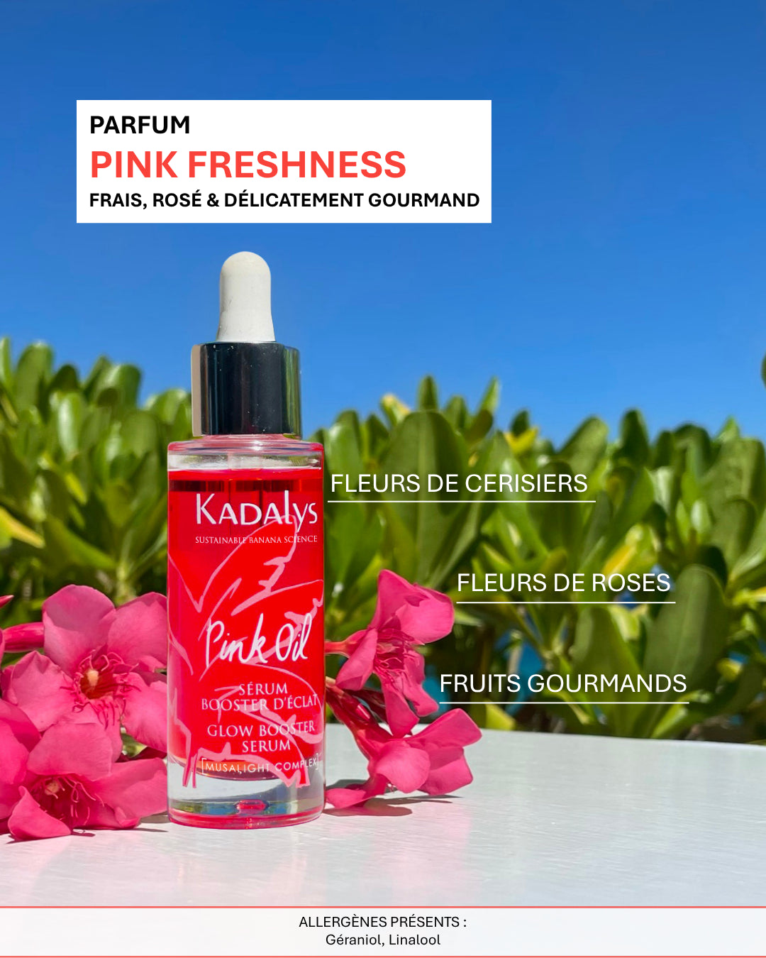Sérum Pink Oil Kadalys sur fond floral, parfum frais Pink Freshness composé de fleurs de cerisiers, roses et fruits gourmands.