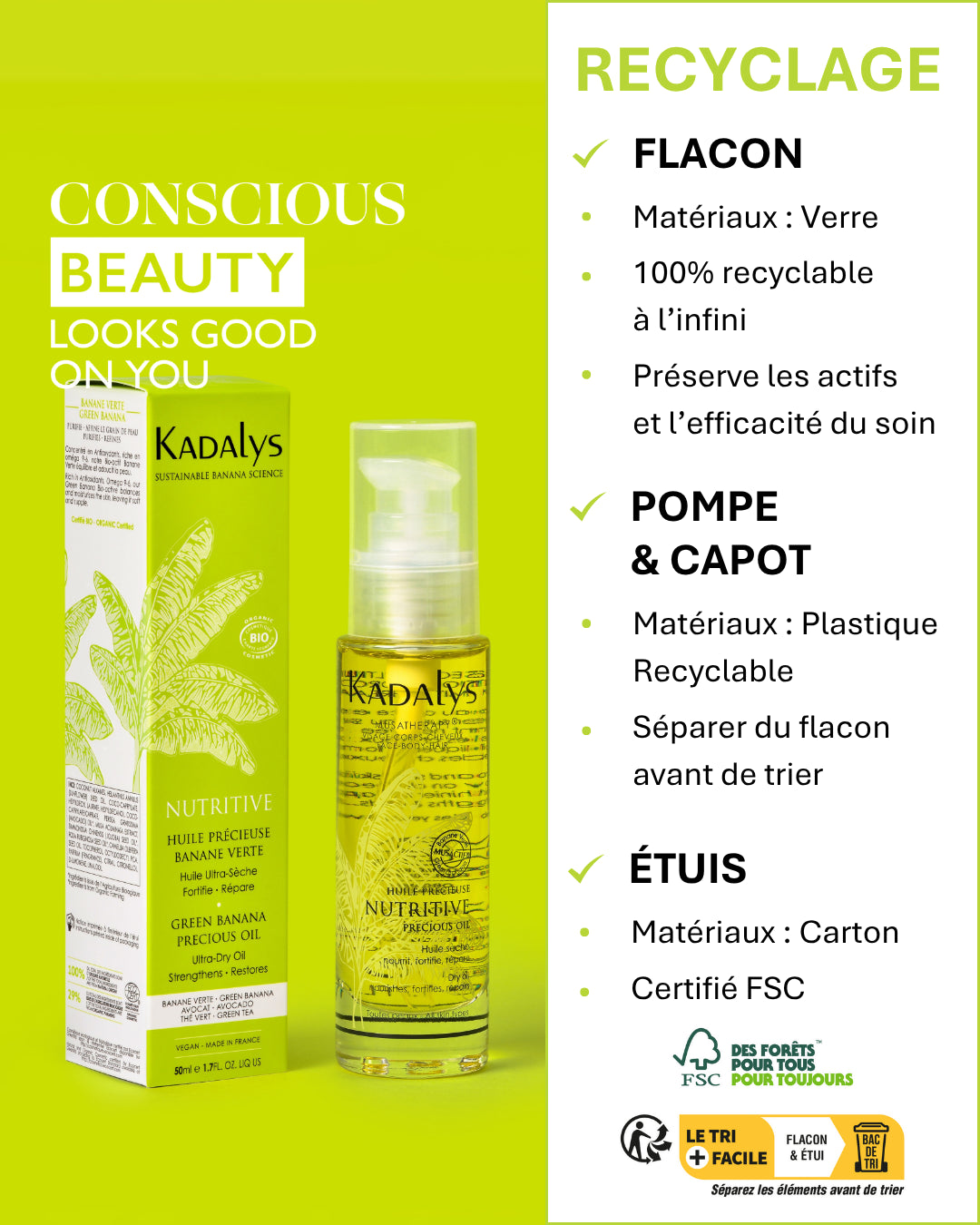 Emballage écologique recyclable pour l'Huile précieuse nutritive Kadalys : flacon en verre et étui certifié FSC.