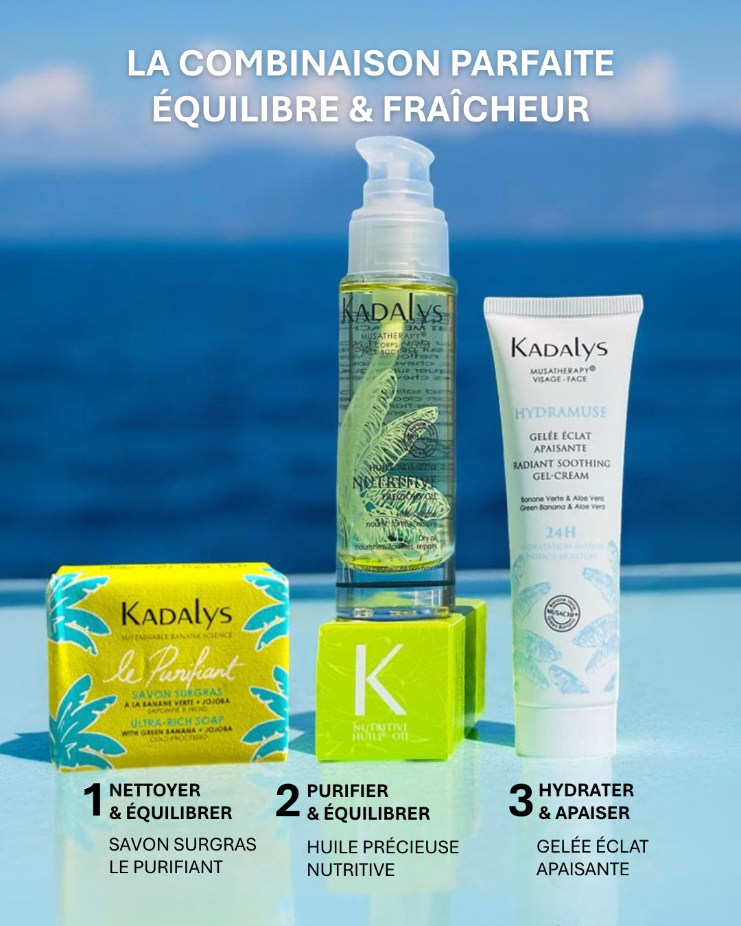 Routine équilibrante Kadalys avec savon purifiant, Huile précieuse nutritive et Gelée éclat apaisante, idéale pour une peau équilibrée et fraîche.