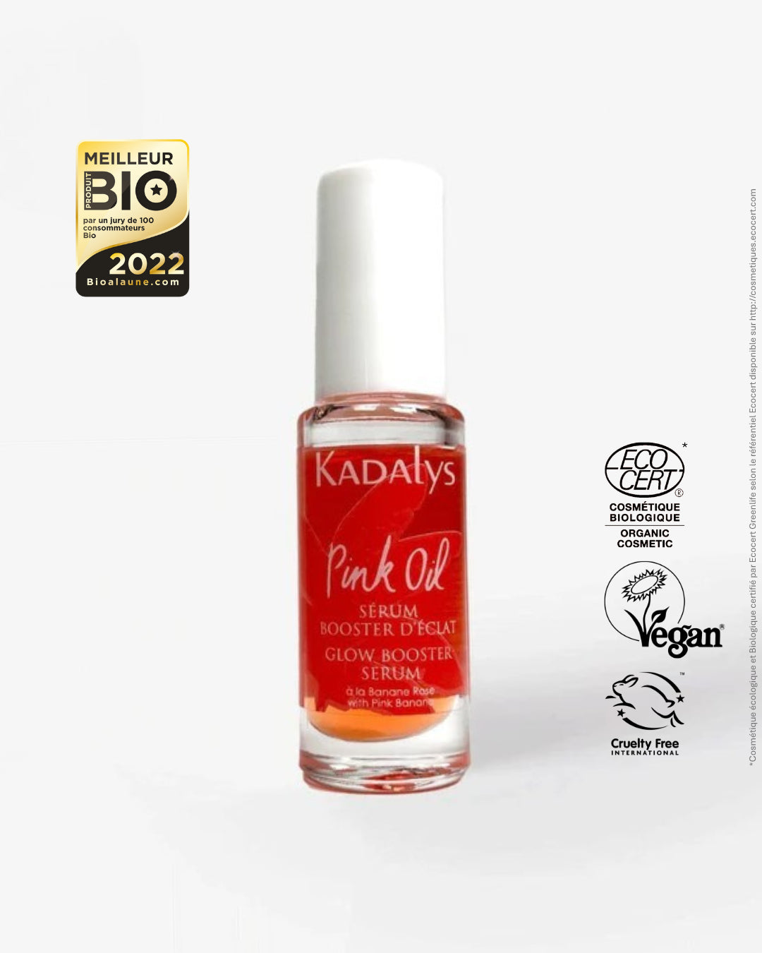 Sérum Pink Oil Kadalys en format voyage, soin visage certifié bio, vegan et primé meilleur produit bio pour booster l'éclat partout où vous allez.