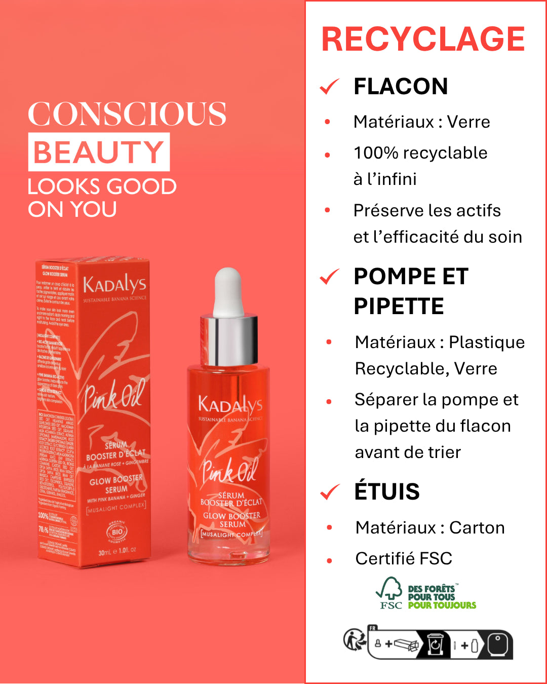 Sérum visage Pink Oil Kadalys avec son emballage écologique en verre recyclable, étui certifié FSC et pipette facilement démontable pour recyclage optimal.