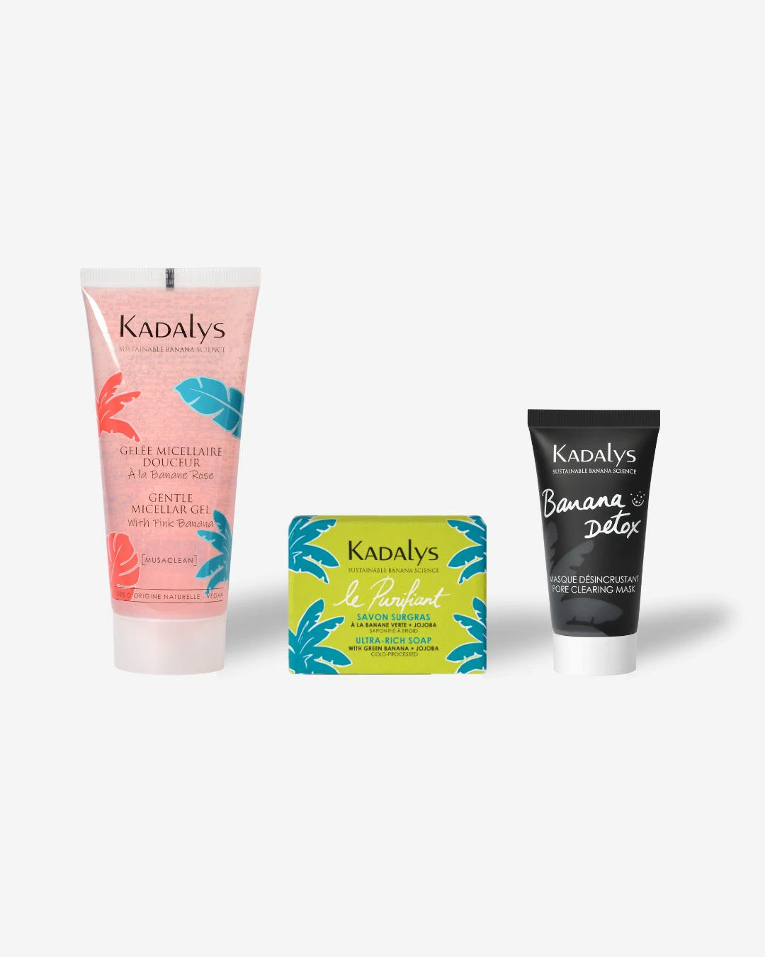 Découvrez le coffret de soins visage Kadalys Back to School Trio Detox, comprenant une gelée micellaire, un masque désincrustant et un savon surgras à la banane pour une routine beauté naturelle et efficace.