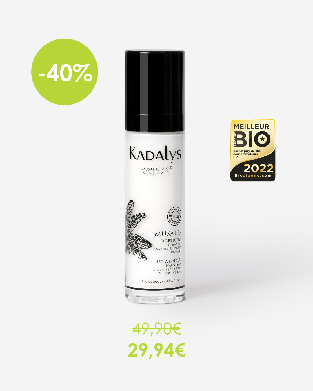 Crème Nuit Lissante Kadalys, Premières rides, dès 25 ans pour lisser les ridules et hydrater 