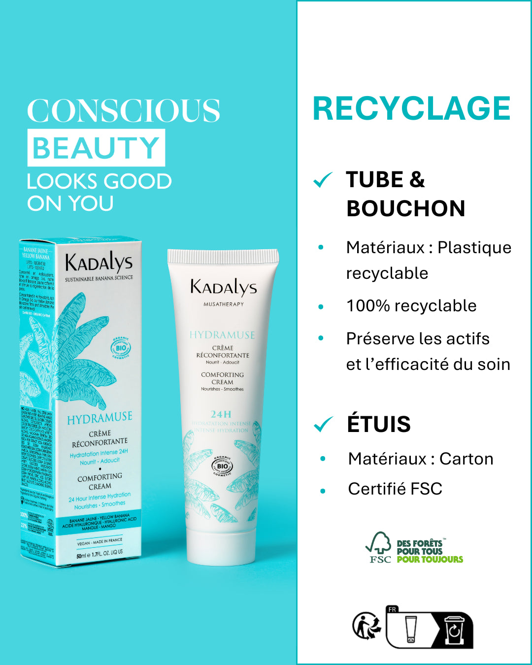 La crème Hydramuse s’inscrit dans une démarche éco-conçue avec un tube recyclable et un étui certifié FSC. Un soin hydratant bon pour la planète.
