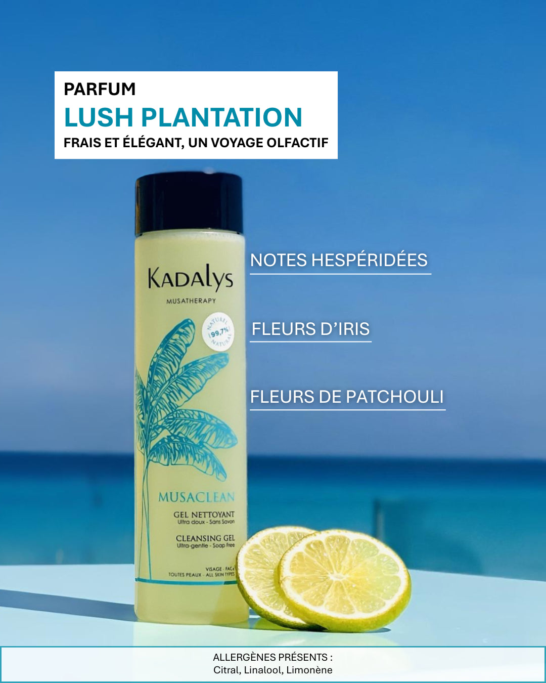 Le gel nettoyant Musaclean offre un parfum frais et élégant aux notes d’iris, patchouli et agrumes. Un soin sensoriel pour illuminer votre routine.