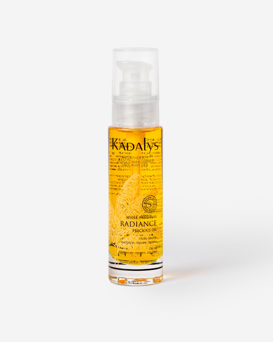 Visuel du flacon de l’Huile Radiance Kadalys, soin éclat bio pour le visage, le corps et les cheveux, adapté à toutes les saisons.