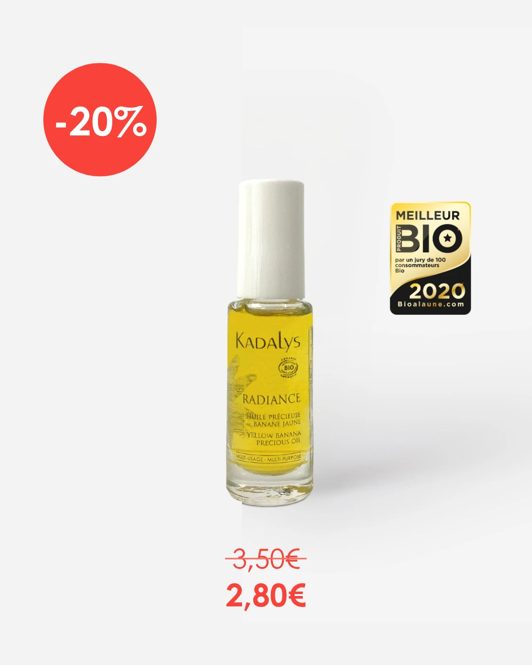 Huile Précieuse Radiance Kadalys Format Voyage. Banane Jaune. Huile sèche 3-en-1 : Visage, Corps et Cheveux pour nourrir, raffermir et sublimer