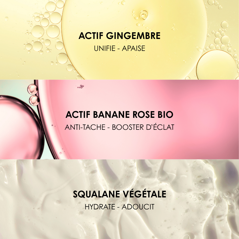 Les actifs clés du Masque Nuit Éclat : Gingembre unifiant, Bio-actif Banane Rose booster d'éclat, Squalane végétale hydratante