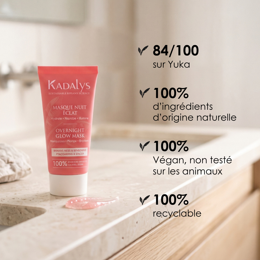 Les engagements du Masque Nuit Éclat Kadalys : 100 % d'origine naturelle, vegan, non testé sur les animaux, emballage recyclable