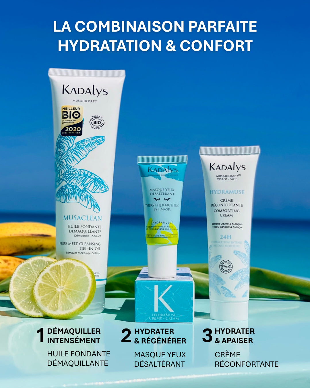 Hydramuse s'intègre dans votre routine : huile démaquillante, masque yeux et crème réconfortante. L’association parfaite pour une peau hydratée.