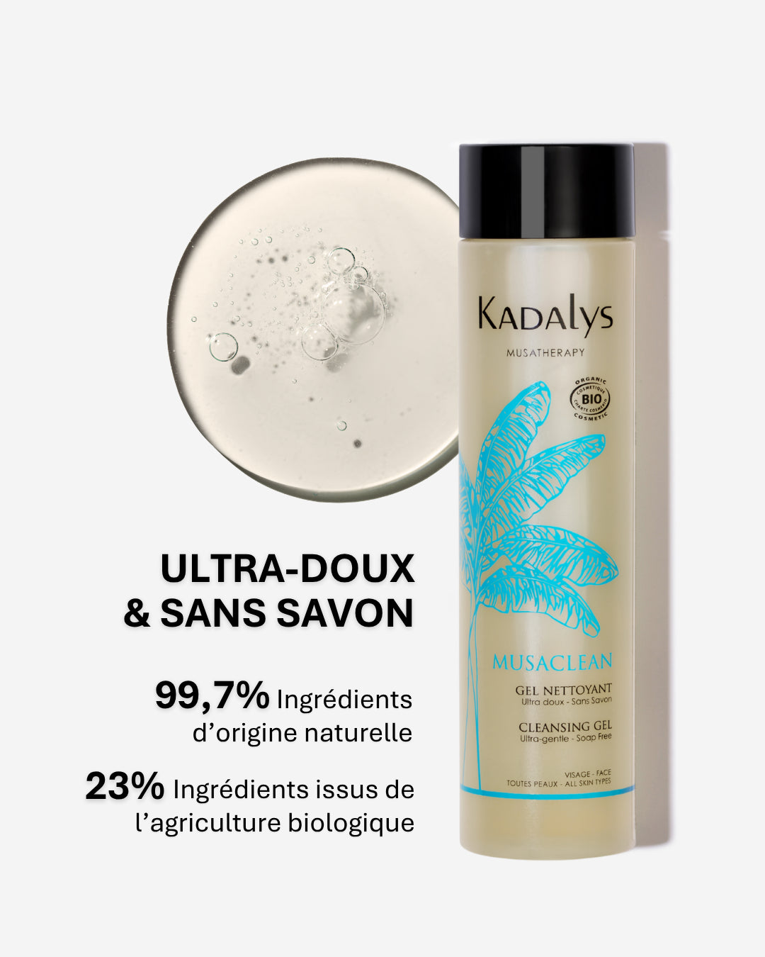 Gel nettoyant sans savon, riche en ingrédients bio pour une peau nette, douce et respectée. Une texture sensorielle agréable.