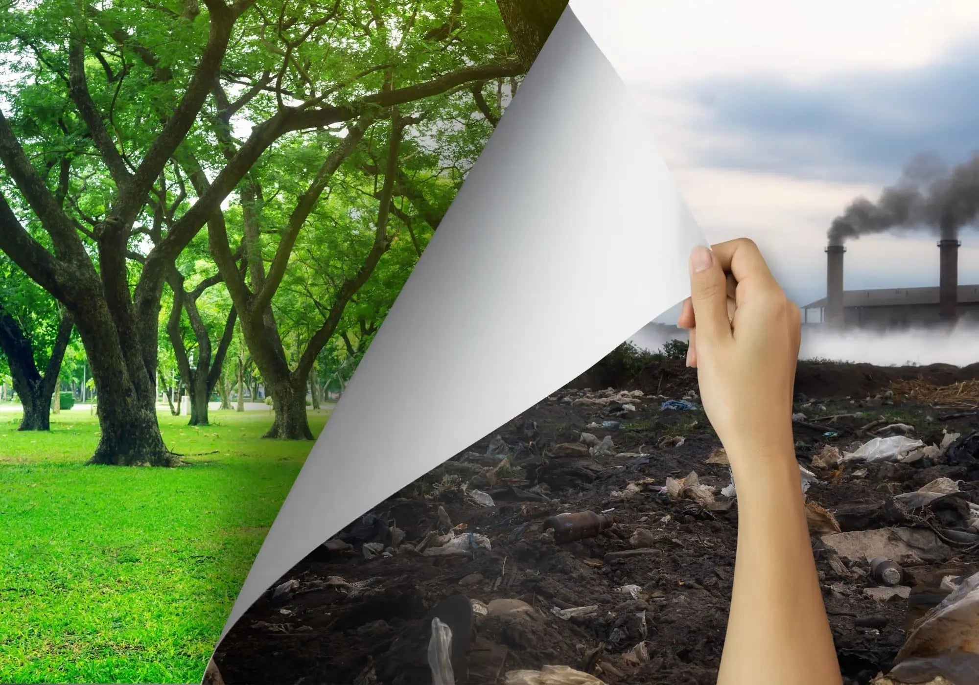 Main dévoilant une nature verte derrière un paysage pollué, symbole de transition écologique.