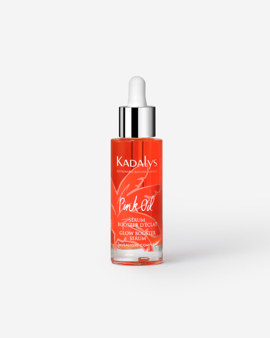 Présentation simple du flacon en verre du sérum booster d’éclat Pink Oil bio Kadalys, soin visage pour un teint lumineux et homogène.