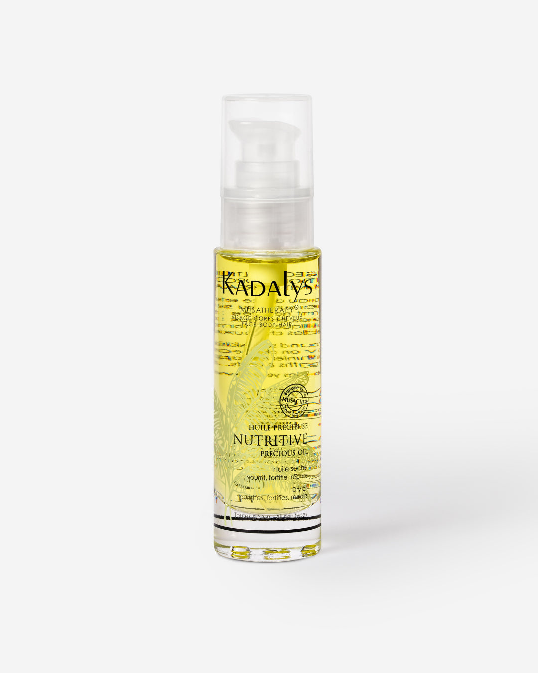 Flacon de l'Huile précieuse nutritive bio Kadalys, soin ultra-sec nourrissant visage, corps et cheveux aux actifs naturels.