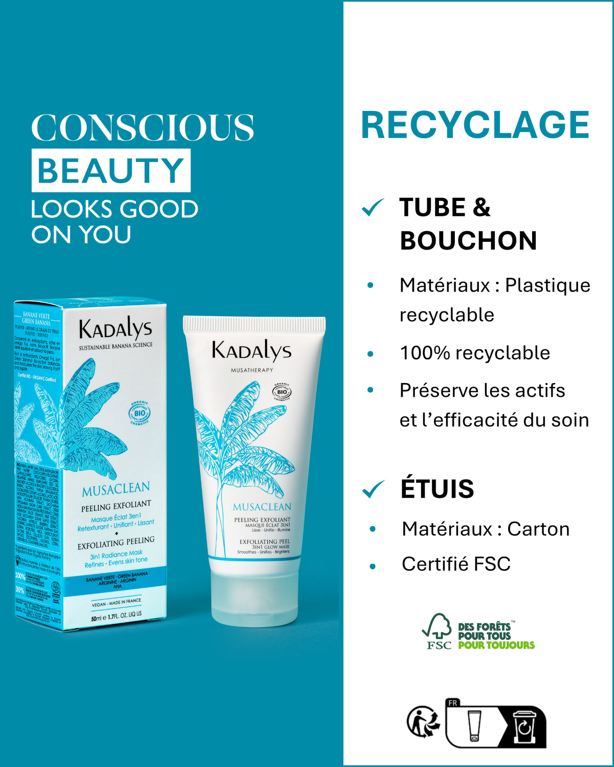 Tube recyclable et étui FSC pour le soin exfoliant Musaclean