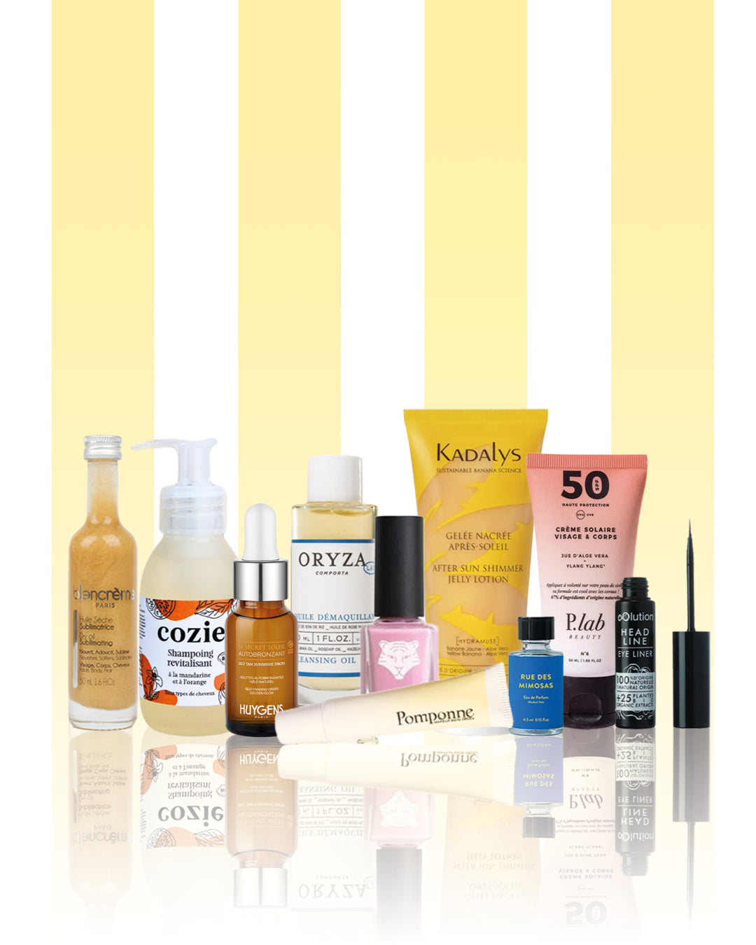 Découvrez le packshot de la box beauté French Riviera été, une sélection de soins visage et corps naturels, solaires, après-soleil et maquillage réunis dans une routine estivale complète.