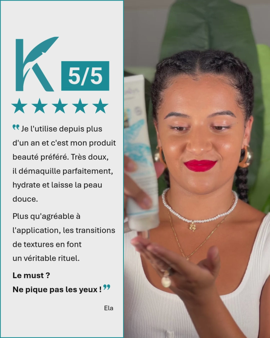 Femme souriante tenant l’huile fondante Musaclean de Kadalys