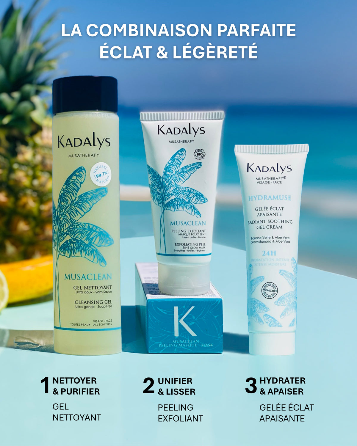 Routine visage éclat Kadalys avec gel, peeling et gelée hydratante
